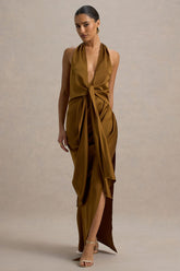 Lynette | Olive Satin Plunge-Neck Asymmetric Maxi Dress