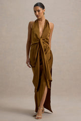 Lynette | Olive Satin Plunge-Neck Asymmetric Maxi Dress