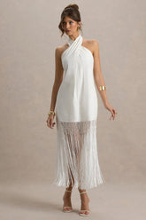 Fiametta | Ecru Linen Halter-Neck Fringe Maxi Dress