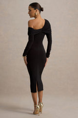 Cleo | Black Bodycon Midi Dress With Mesh Sleeves