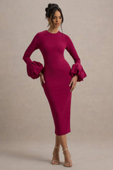 Celie | Mulberry Long-Sleeve Midi Dress With Puff Cuffs