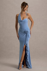 Lucena | Powder Blue Cowl-Neck Wrap Maxi Dress With Floral Drape