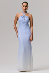 Sharni | Blue Ombre Chiffon Halter-Neck Maxi Dress