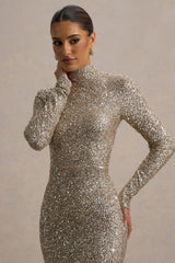 Galaxy | Champagne Sequin Turtle-Neck Long-Sleeve Maxi Dress