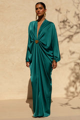 Tina | Dark Green Satin Plunge-Neck Embellished Maxi Dress