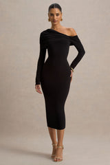 Cleo | Black Bodycon Midi Dress With Mesh Sleeves