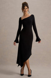 Serenita | Black Asymmetric Long-Sleeve Midi Dress