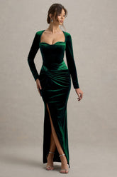 Fay | Bottle Green Velvet Corset Style Knot Maxi Dress