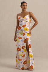 Thames | Bright Floral Print Satin Cowl-Neck Maxi Dress