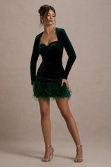 Tamsin | Bottle Green Velvet Long-Sleeved Feather Mini Dress
