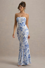 Callie | Blue Porcelain Print Bandeau Fishtail Maxi Dress