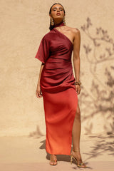 Coralie | Red and Orange Ombre Satin Asymmetric Maxi Dress