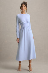 Cassiopeia | Light Blue Long-Sleeve Midi Dress With Cross Waist