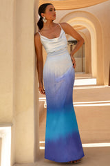 Fiji | Blue Ombre Satin Cowl-Neck Strappy Maxi Dress