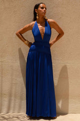 Pacific | Blue Halter-Neck Maxi Dress with Open-Back