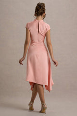 Velma | Light Pink Satin Midi Dress With Draped Hem