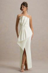 Dreamy Whispers | Cream Strapless Ruffle Split Maxi Dress