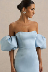 Imogen | Powder Blue Satin Short-Sleeve Bardot Midi Dress With Ruffle Detail