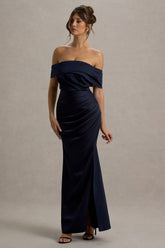 Martine | Navy Satin Bardot Wrap Maxi Dress