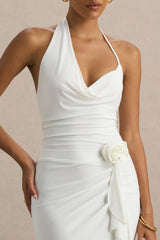 Lucena | White Cowl-Neck Maxi Dress With Corsage Detail And Front High Split