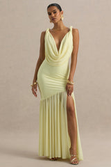 Meggie | Lemon Plunge-Neck Twisted Maxi Dress With Chiffon Skirt