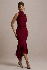 Prianyka | Berry High-Neck Draped Midi Dress