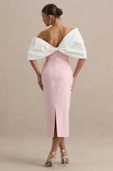 Lucille | Rose Pink & White Asymmetric Bardot Midi Dress