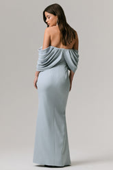 Serene | Powder Blue Draped Bardot Maxi Dress
