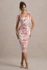 Cordelia | Pink Porcelain Print Bodycon Midi Dress With Bow Straps