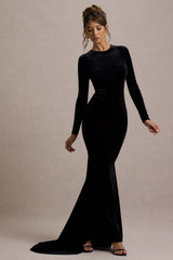 Keaton | Black Velvet Long-Sleeve Open-Back Maxi Dress