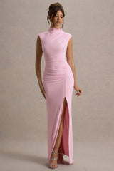 Lanetta | Pink Ruched High-Neck Maxi Dress With Split