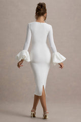 Celie | White Long-Sleeve Midi Dress With Puff Cuffs