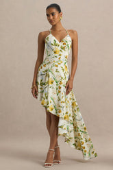 Glint | White Botanical Print Satin Plunge-Neck Maxi Dress With Asymmetric Hem