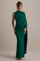 Maeve | Bottle Green Cape-Sleeve Draped Maxi Dress