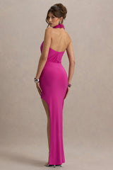 Amphitrite | Hot Pink High-Neck Ruched Maxi Dress With Wrap Skirt