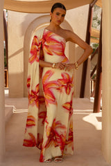 Portia | Lemon Lily Print Asymmetric Maxi Dress With Ruched Detail