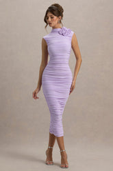 Bridget | Lilac High-Neck Gathered Midi Dress With Floral Detail