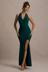 Glamour | Bottle Green Backless V Plunge Halter Neck Maxi Dress With Side Split