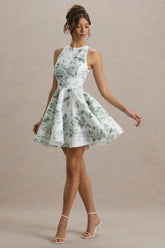 Waverly | Green Porcelain Print Racer-Neck Sleeveless Skater Mini Dress