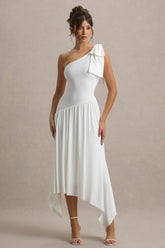 Lotus Love | White One-Shoulder Hanky-Hem Maxi Dress With Bow