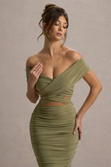 Clovette | Olive Ruched Bardot Cut-Out Midi Dress