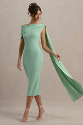 Niamh | Sage Asymmetric Midi Dress With Drape