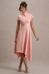 Velma | Light Pink Satin Midi Dress With Draped Hem