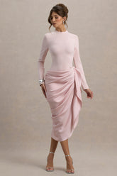 Raffie | Pink Long-Sleeve Midi Dress With Satin Wrap Skirt