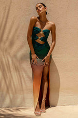 Laviza | Teal Ombre Print Strapless Cut-Out Wrap Maxi Dress
