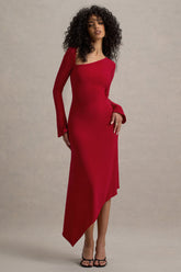Serenita | Red Asymmetric Long-Sleeve Midi Dress