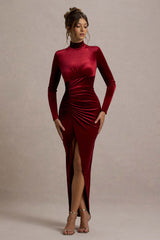 Jaz | Berry Velvet High-Neck Gathered Split Maxi Dress