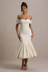 Posie | Stone Bardot Midi Dress With Puffball Hem