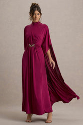 Olessia | Burgundy Belted Gathered Cape-Sleeve Maxi Dress