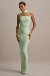 Nobu | Light Green Bandeau Maxi Dress With Halter-Collar